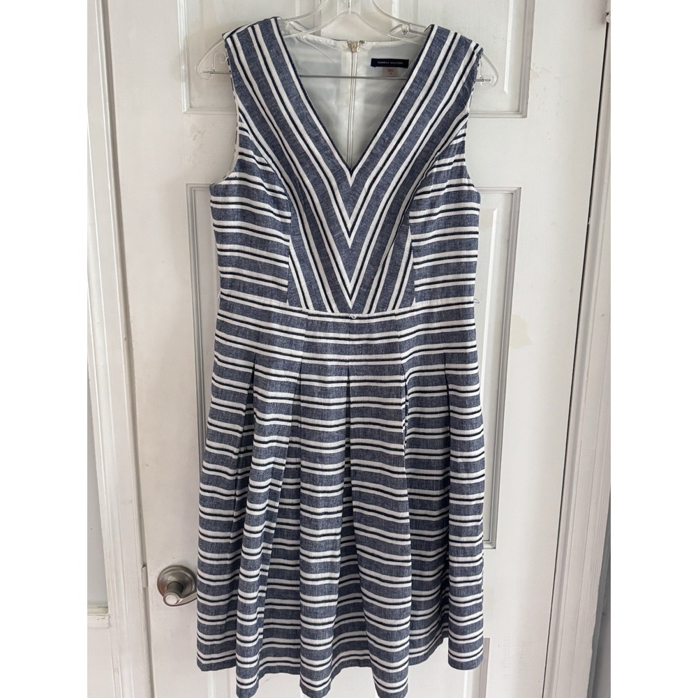 💙Tommy Hilfiger Linen Blend V-Neck Lined Dress Sz‎ 8 Fit Flare Nautical Coastal